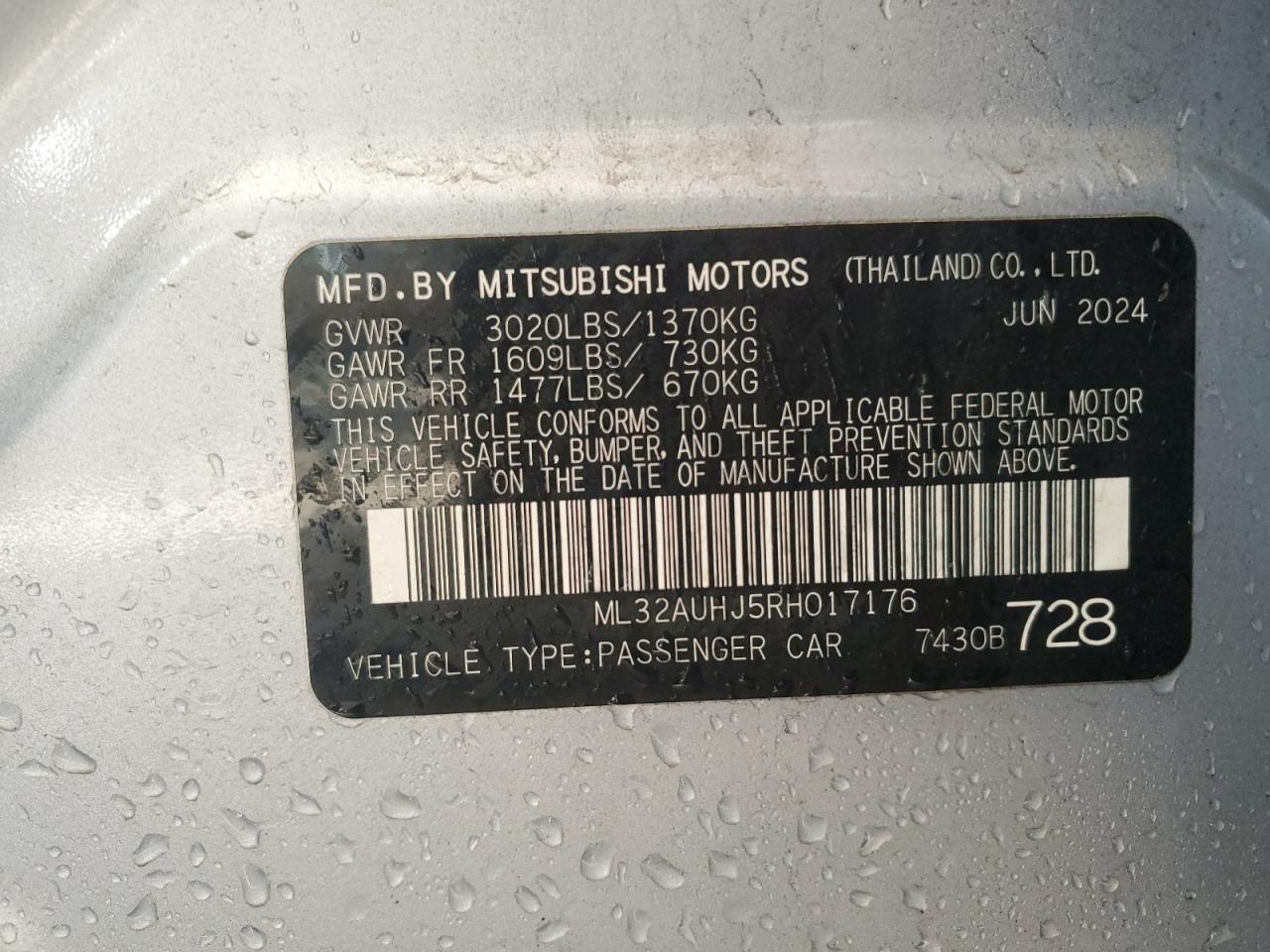 2024 Mitsubishi Mirage Es VIN: ML32AUHJ5RH017176 Lot: 48590825