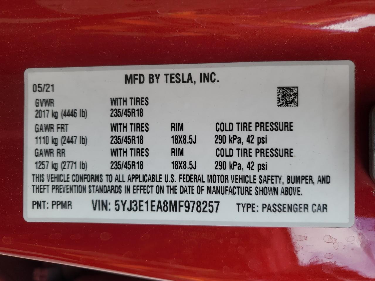 2021 Tesla Model 3 VIN: 5YJ3E1EA8MF978257 Lot: 48592605