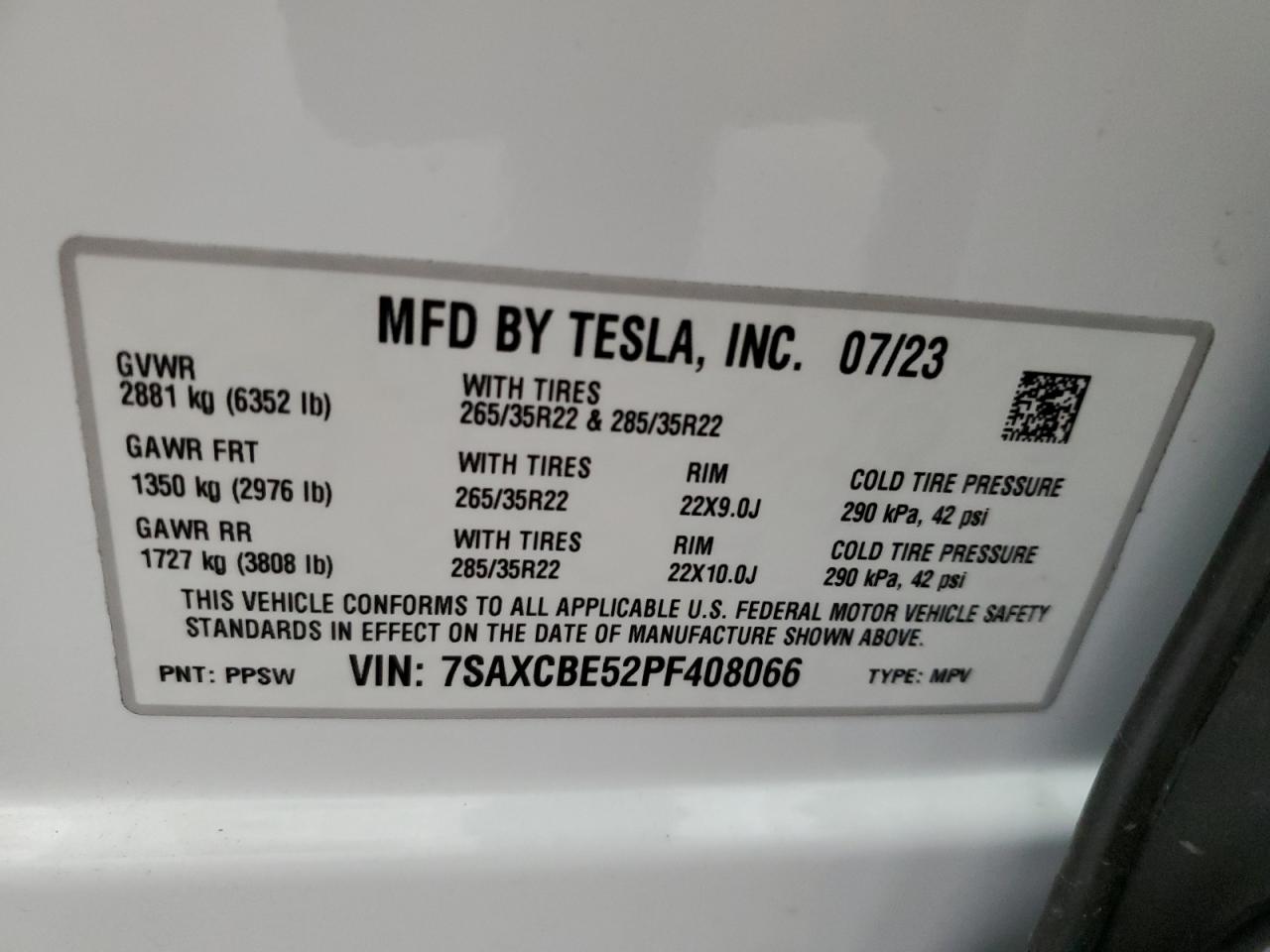 2023 Tesla Model X VIN: 7SAXCBE52PF408066 Lot: 48967295