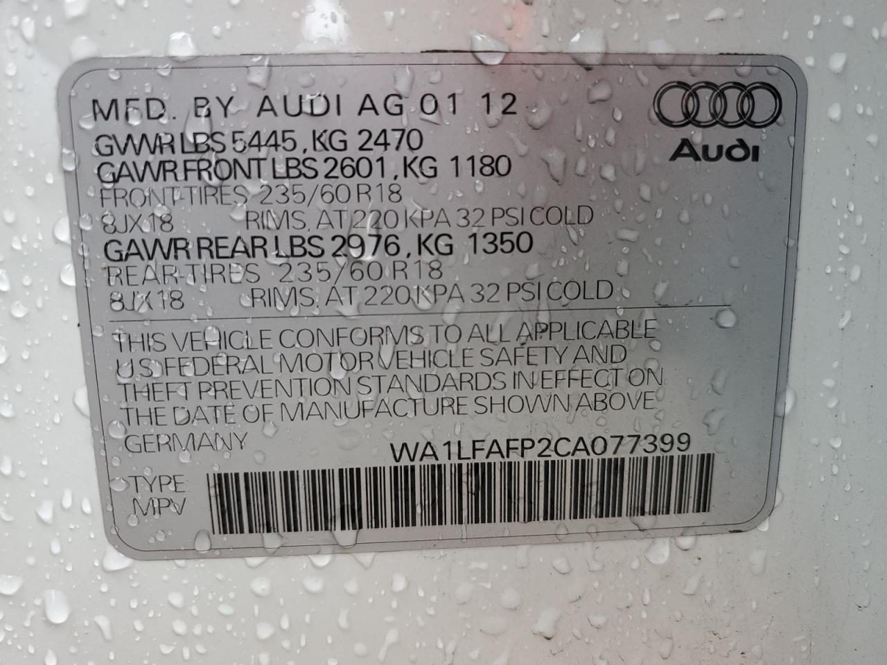 2012 Audi Q5 Premium Plus VIN: WA1LFAFP2CA077399 Lot: 48698825