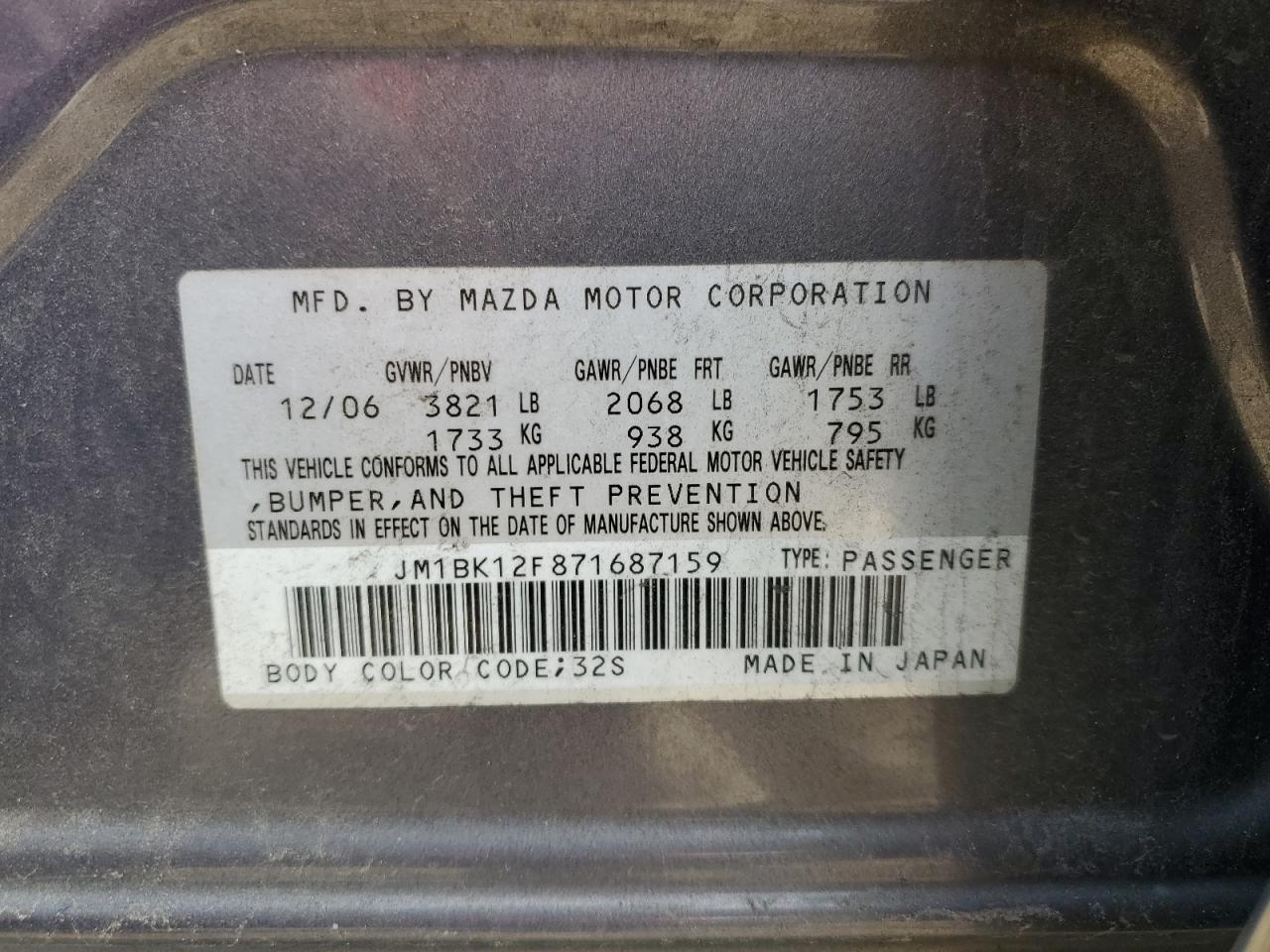 JM1BK12F871687159 2007 Mazda 3 I