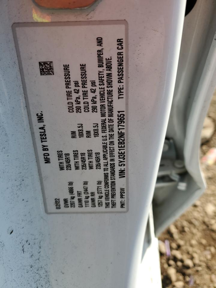 5YJ3E1EB2NF179651 2022 Tesla Model 3