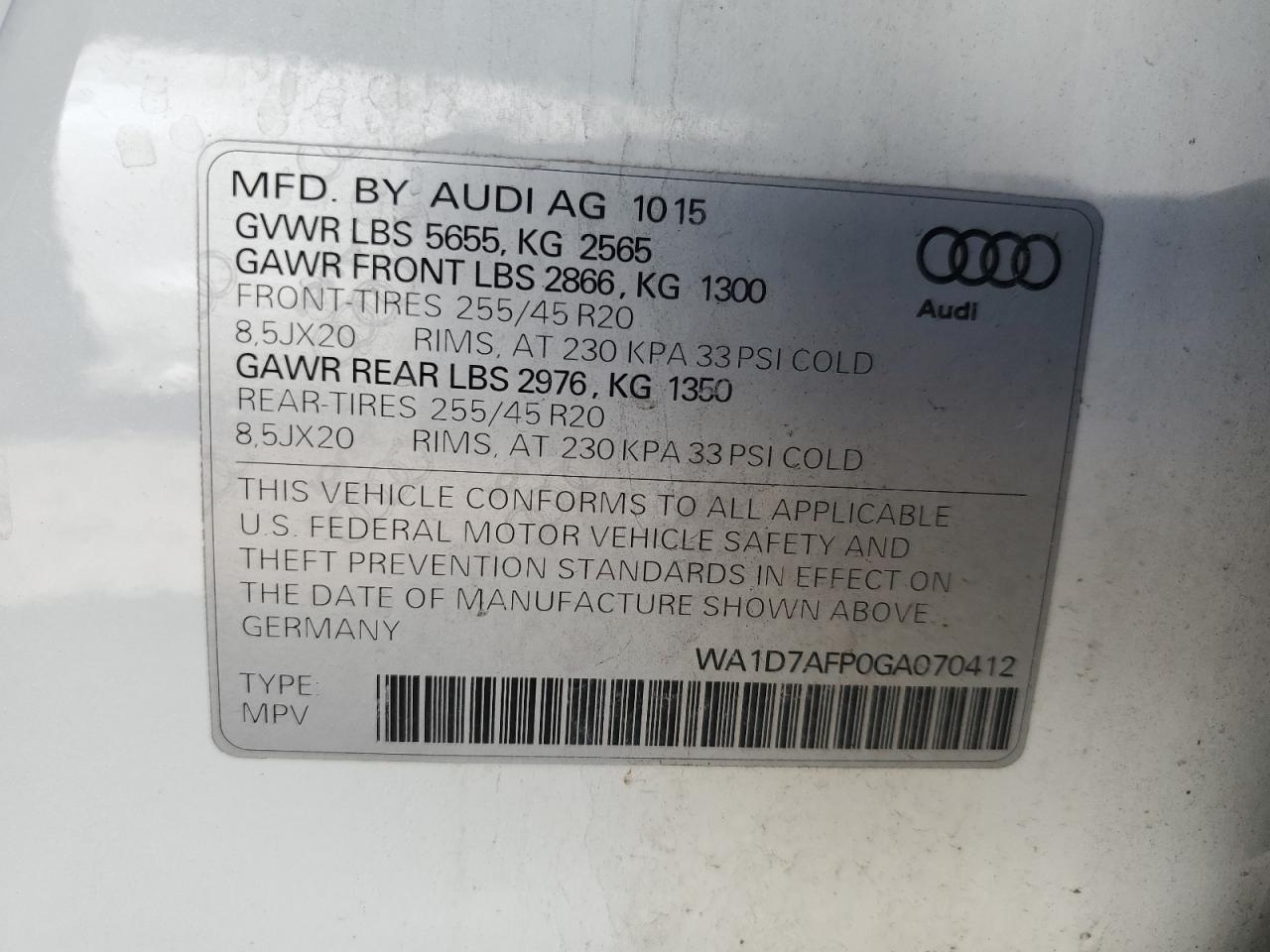 2016 Audi Q5 Premium Plus S-Line VIN: WA1D7AFP0GA070412 Lot: 48252945