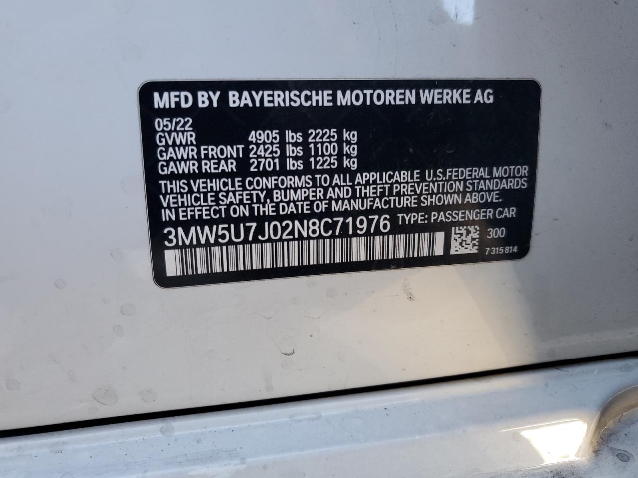 2022 BMW M340I VIN: 3MW5U7J02N8C71976 Lot: 48223325