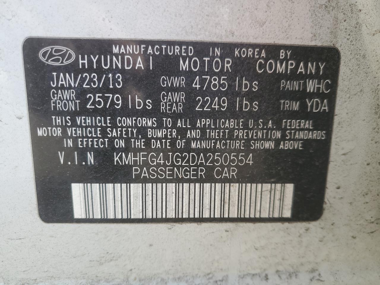 2013 Hyundai Azera VIN: KMHFG4JG2DA250554 Lot: 48107855