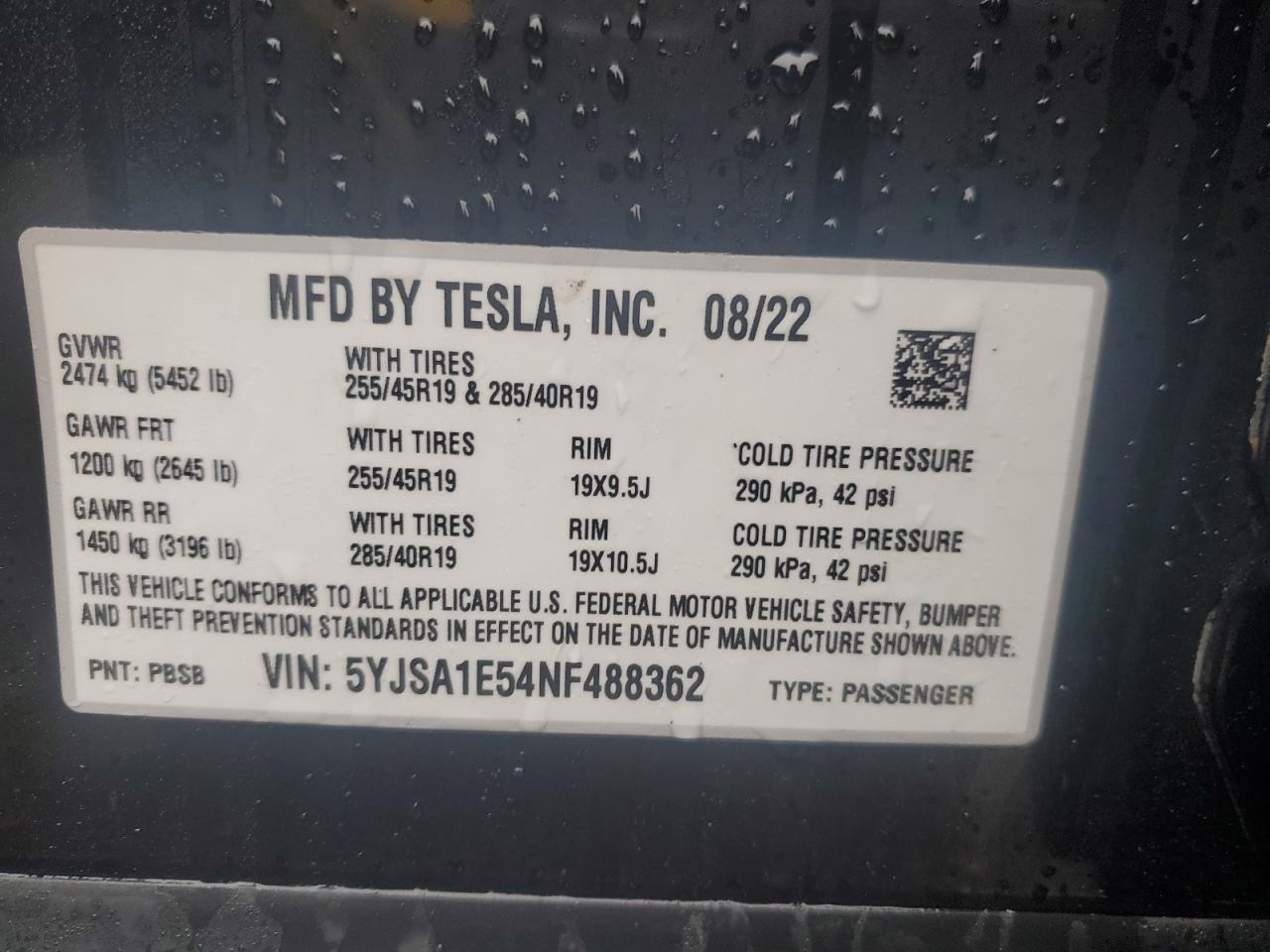 5YJSA1E54NF488362 2022 Tesla Model S