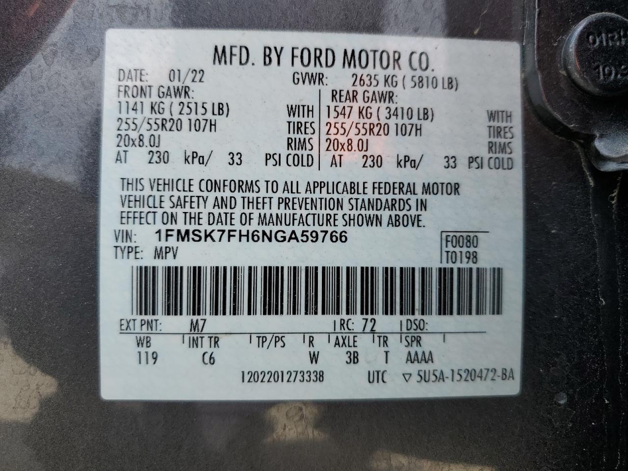 1FMSK7FH6NGA59766 2022 Ford Explorer Limited