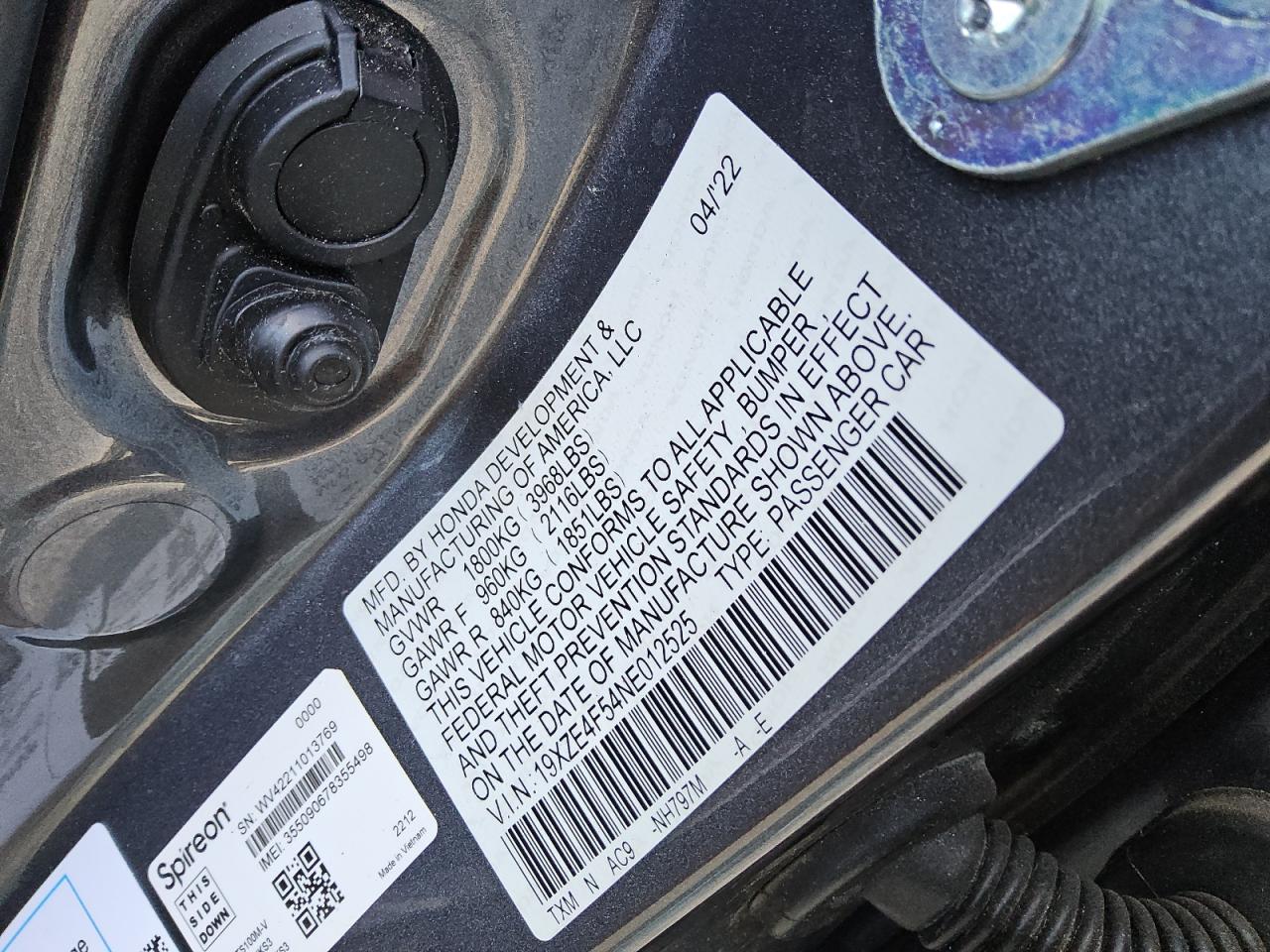 19XZE4F54NE012525 2022 Honda Insight Ex