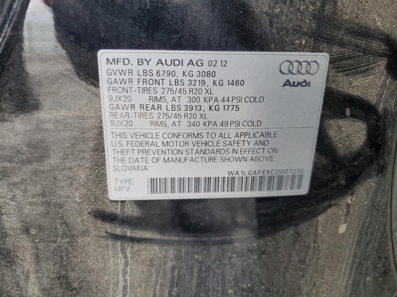 WA1LGAFE5CD007230 2012 Audi Q7 Premium Plus