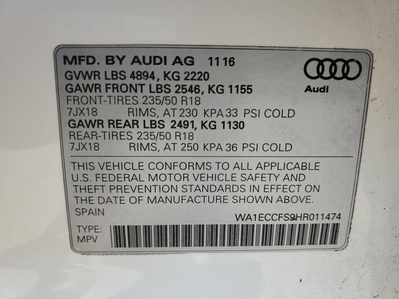 2017 Audi Q3 Premium VIN: WA1ECCFS9HR011474 Lot: 48500715