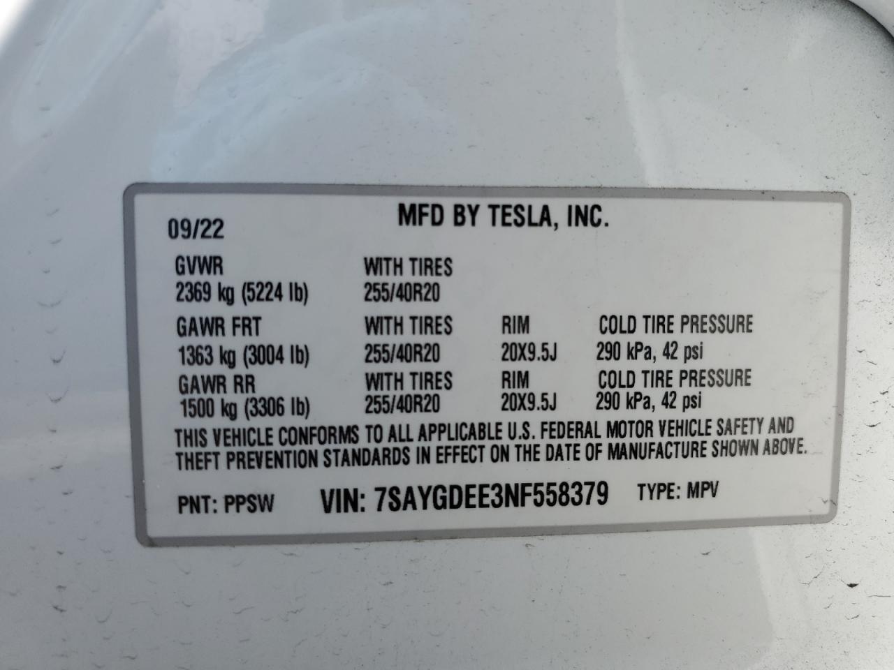 7SAYGDEE3NF558379 2022 Tesla Model Y