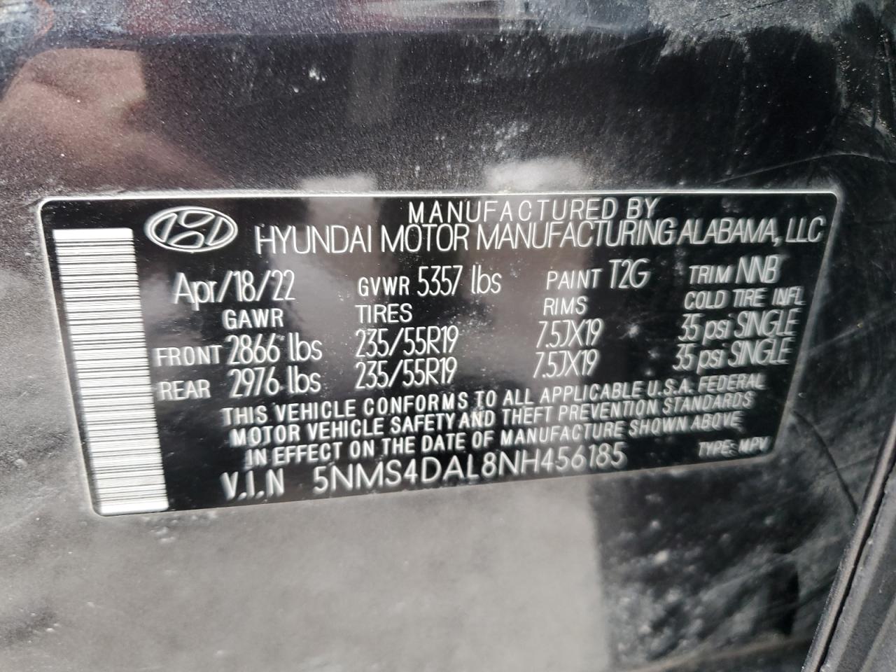 2022 Hyundai Santa Fe Limited VIN: 5NMS4DAL8NH456185 Lot: 48406205