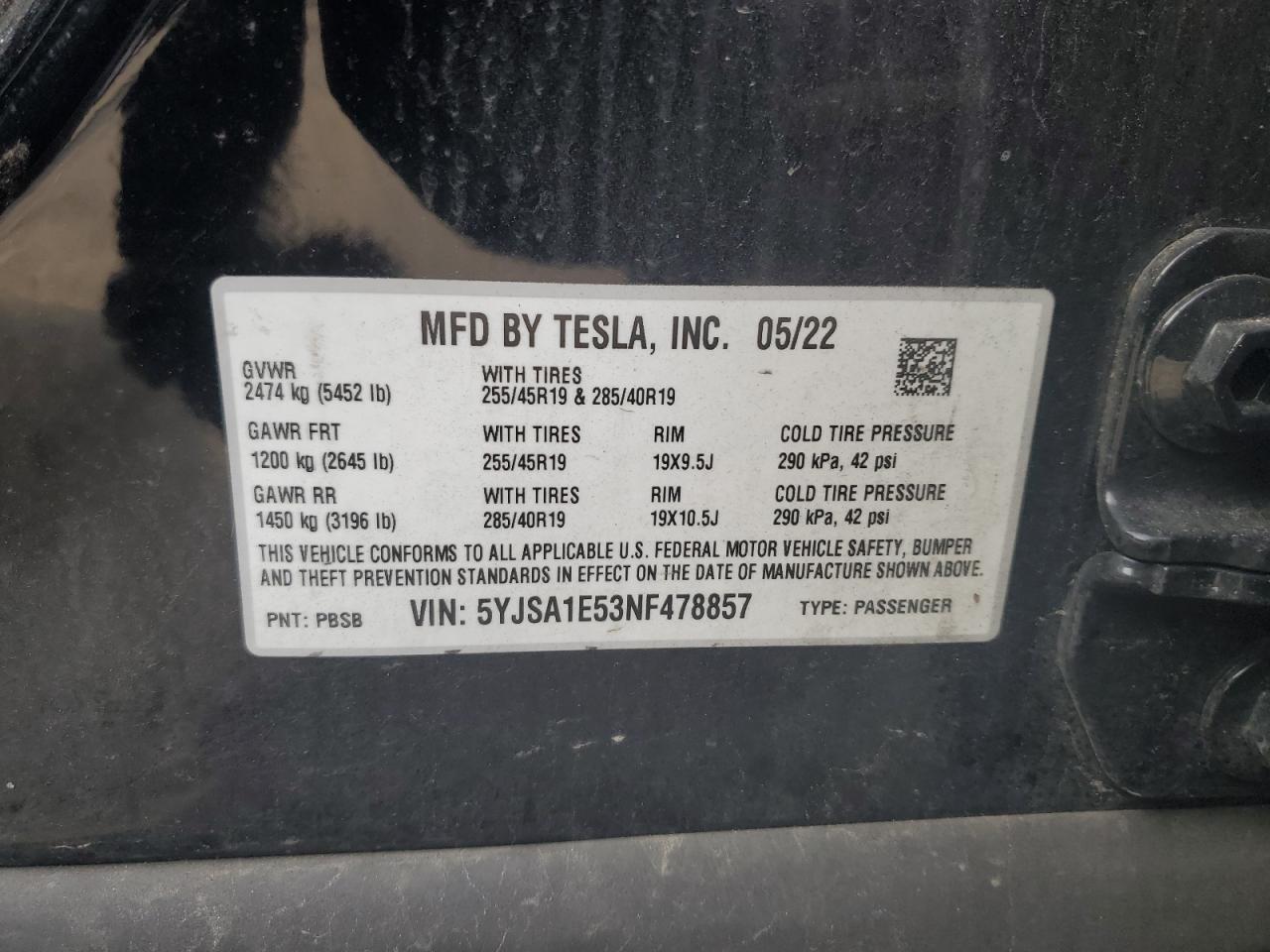 5YJSA1E53NF478857 2022 Tesla Model S