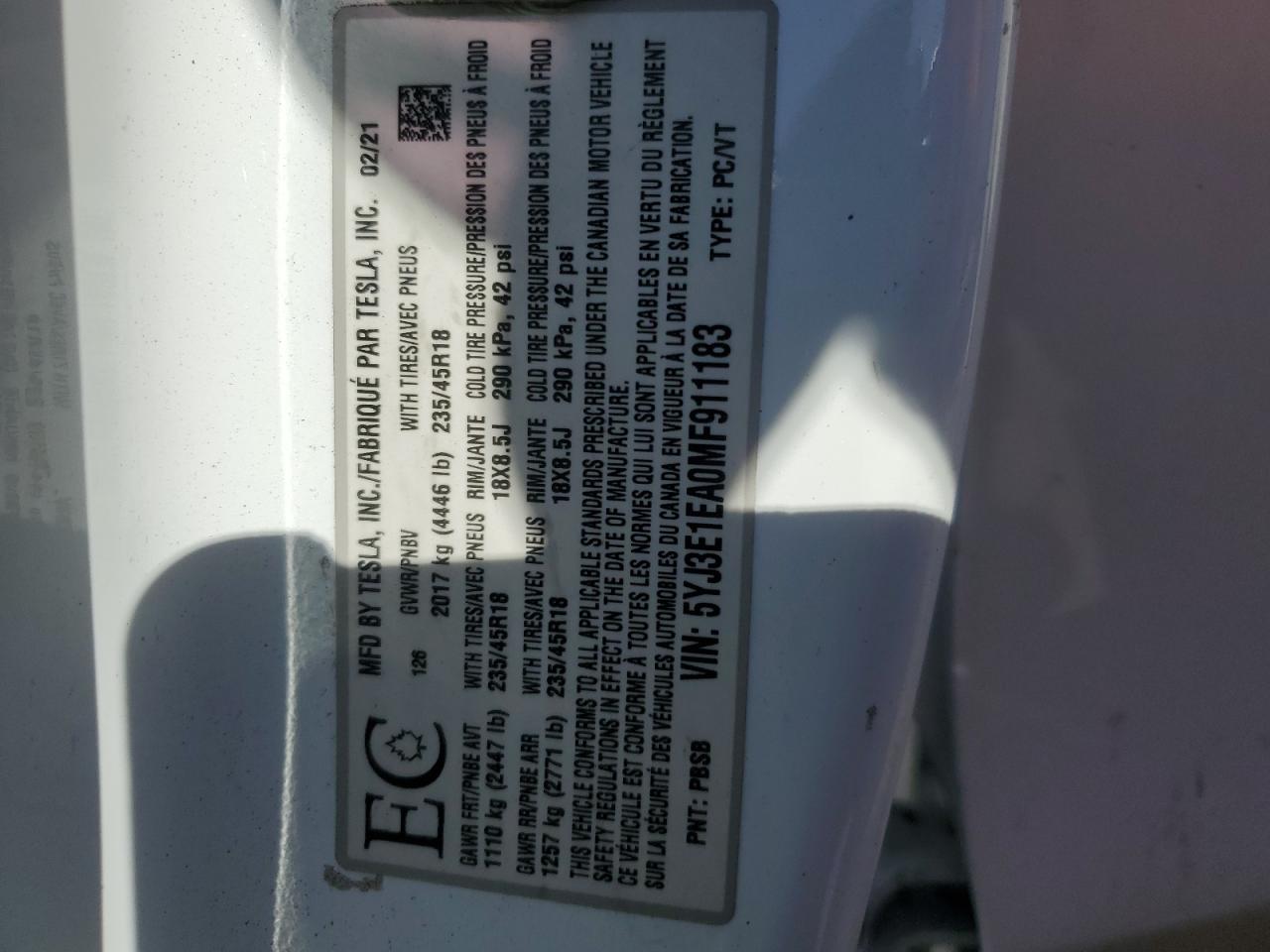 5YJ3E1EA0MF911183 2021 Tesla Model 3