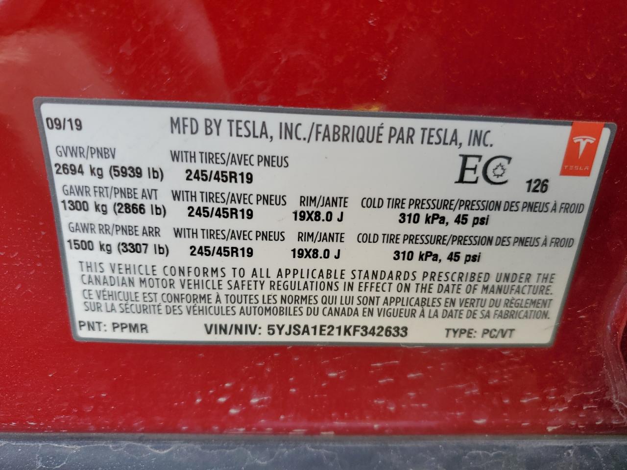 5YJSA1E21KF342633 2019 Tesla Model S