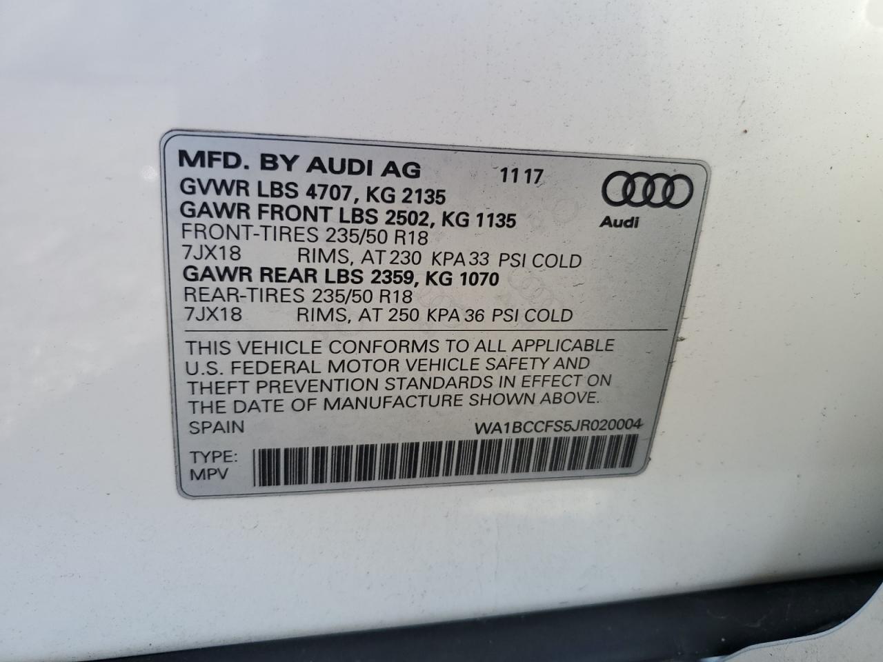 2018 Audi Q3 VIN: WAA1BCCFS5JR02000 Lot: 48100615