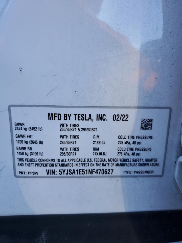 5YJSA1E51NF470627 2022 Tesla Model S