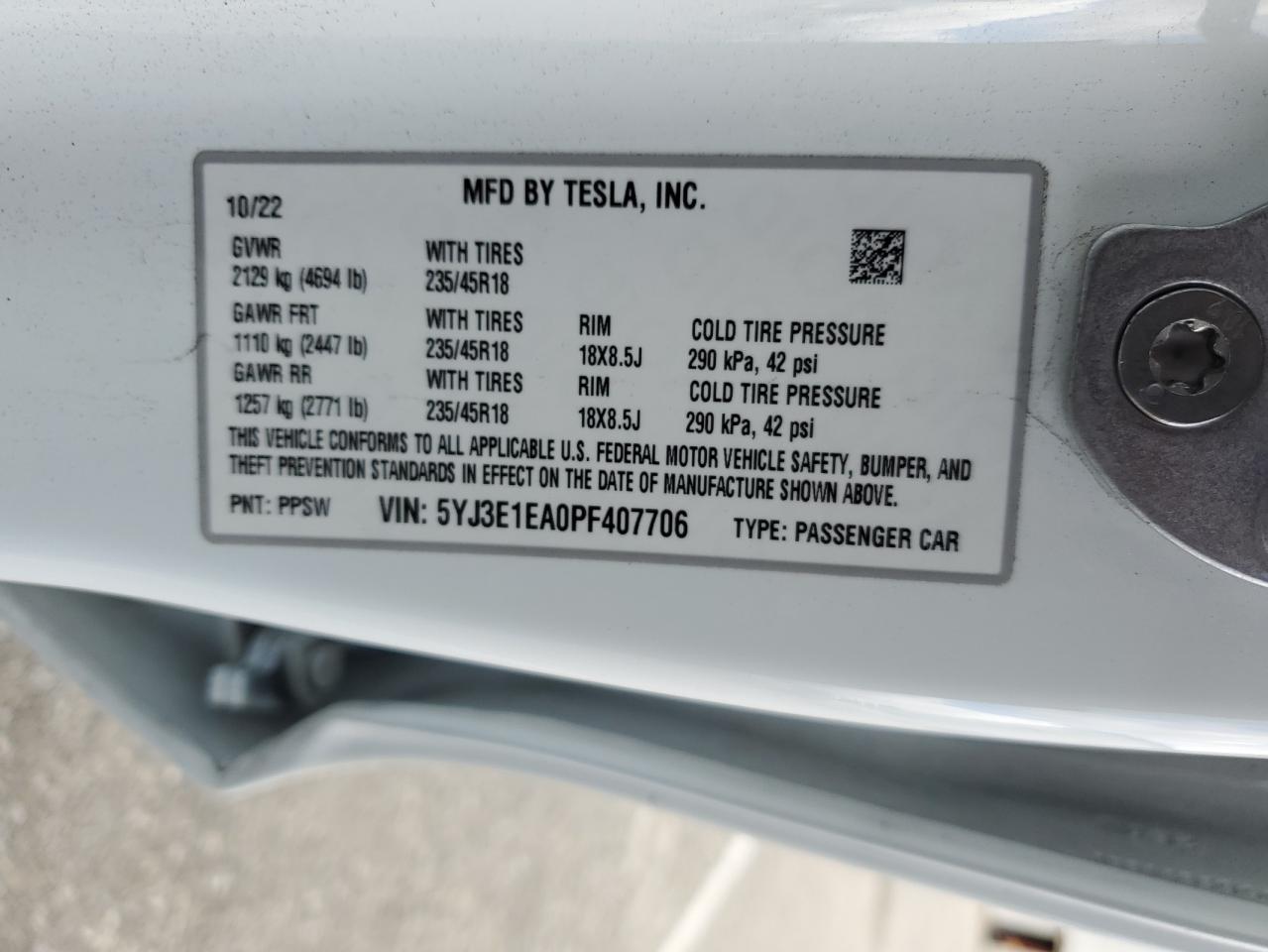 5YJ3E1EA0PF407706 2023 Tesla Model 3