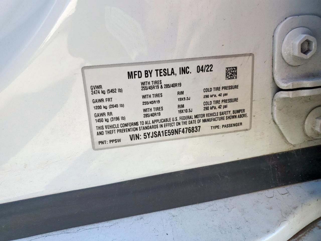 5YJSA1E59NF476837 2022 Tesla Model S