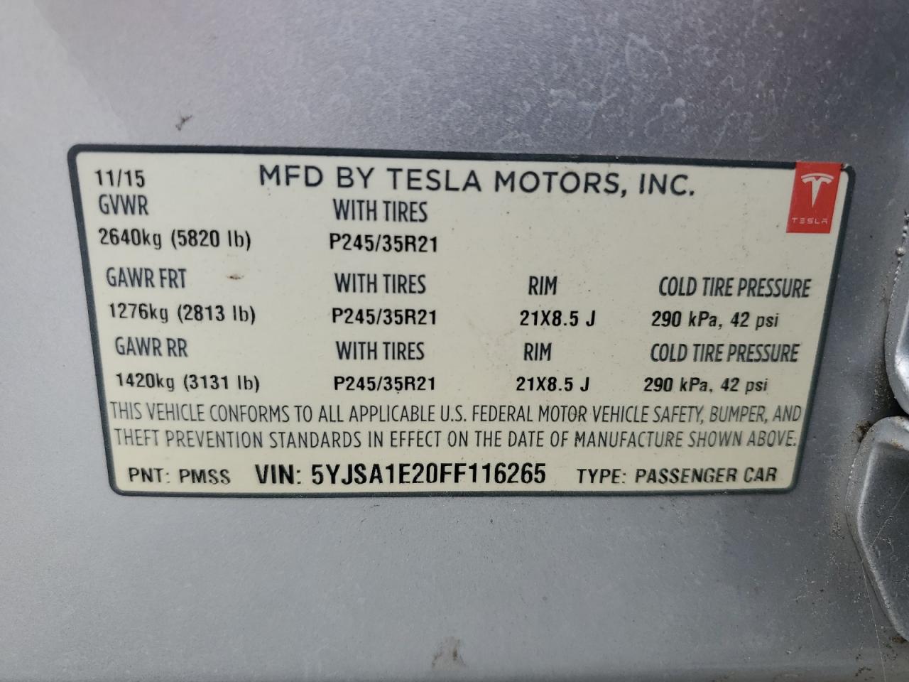 2015 Tesla Model S VIN: 5YJSA1E20FF116265 Lot: 46378815