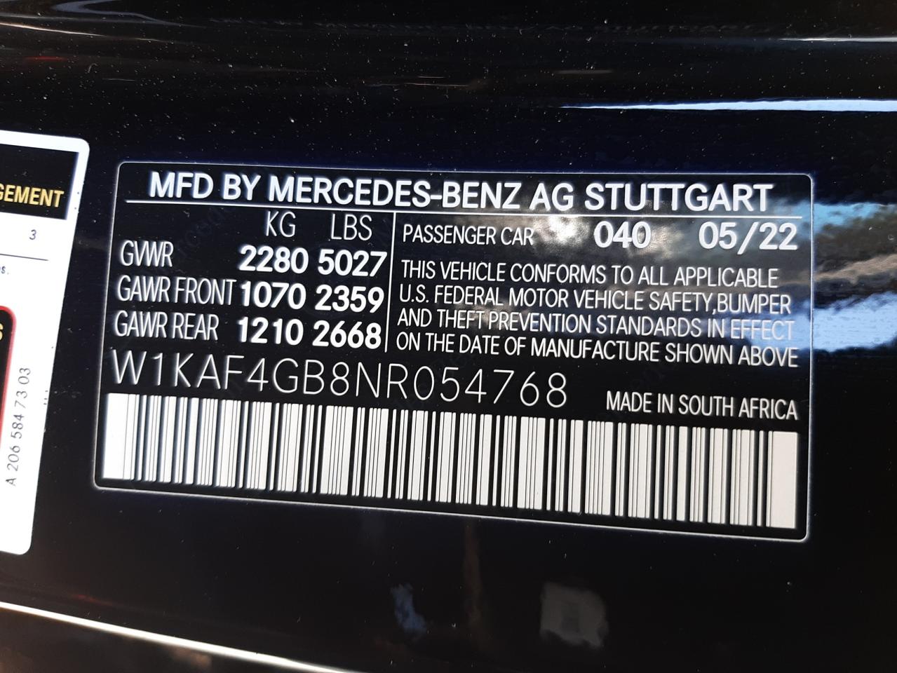 2022 Mercedes-Benz C 300 VIN: W1KAF4GB8NR054768 Lot: 54647124