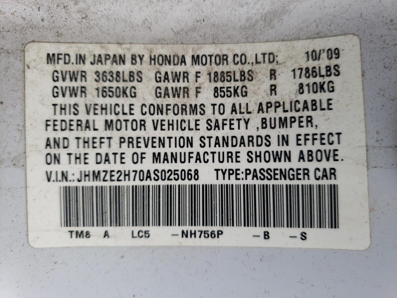 2010 Honda Insight Ex VIN: JHMZE2H70AS025068 Lot: 57964334