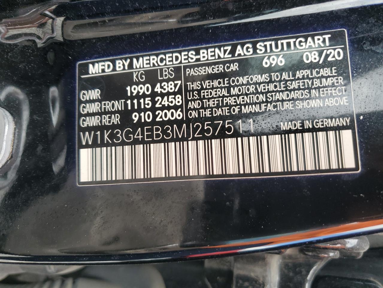 2021 Mercedes-Benz A 220 VIN: W1K3G4EB3MJ257511 Lot: 61426344