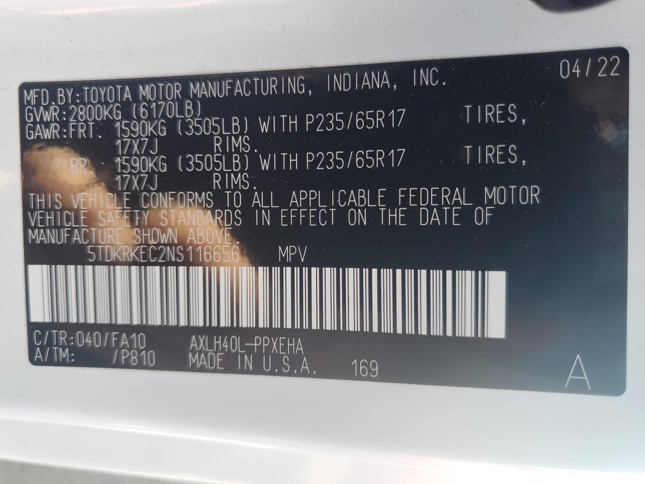 5TDKRKEC2NS116656 2022 Toyota Sienna Le