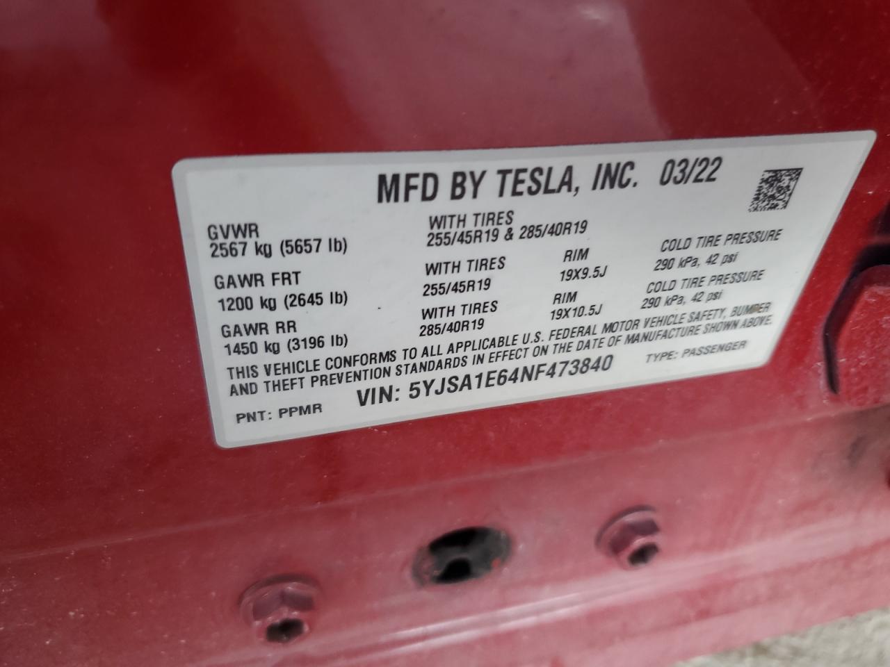 5YJSA1E64NF473840 2022 Tesla Model S