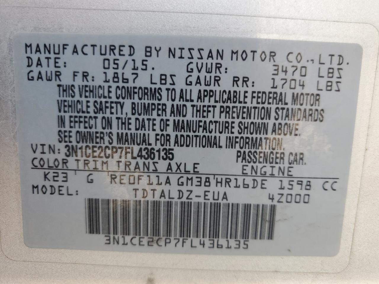 3N1CE2CP7FL436135 2015 Nissan Versa Note S