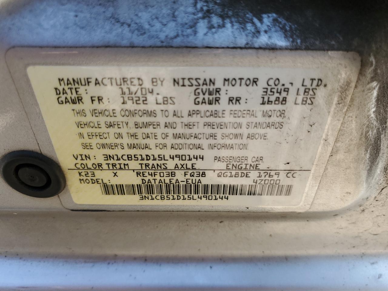 3N1CB51D15L490144 2005 Nissan Sentra 1.8