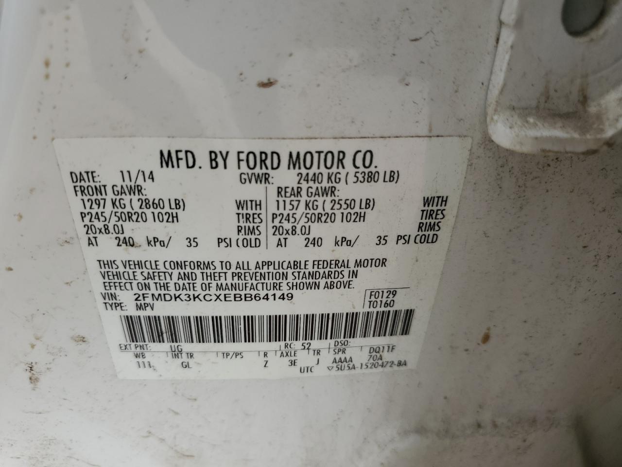 2FMDK3KCXEBB64149 2014 Ford Edge Limited