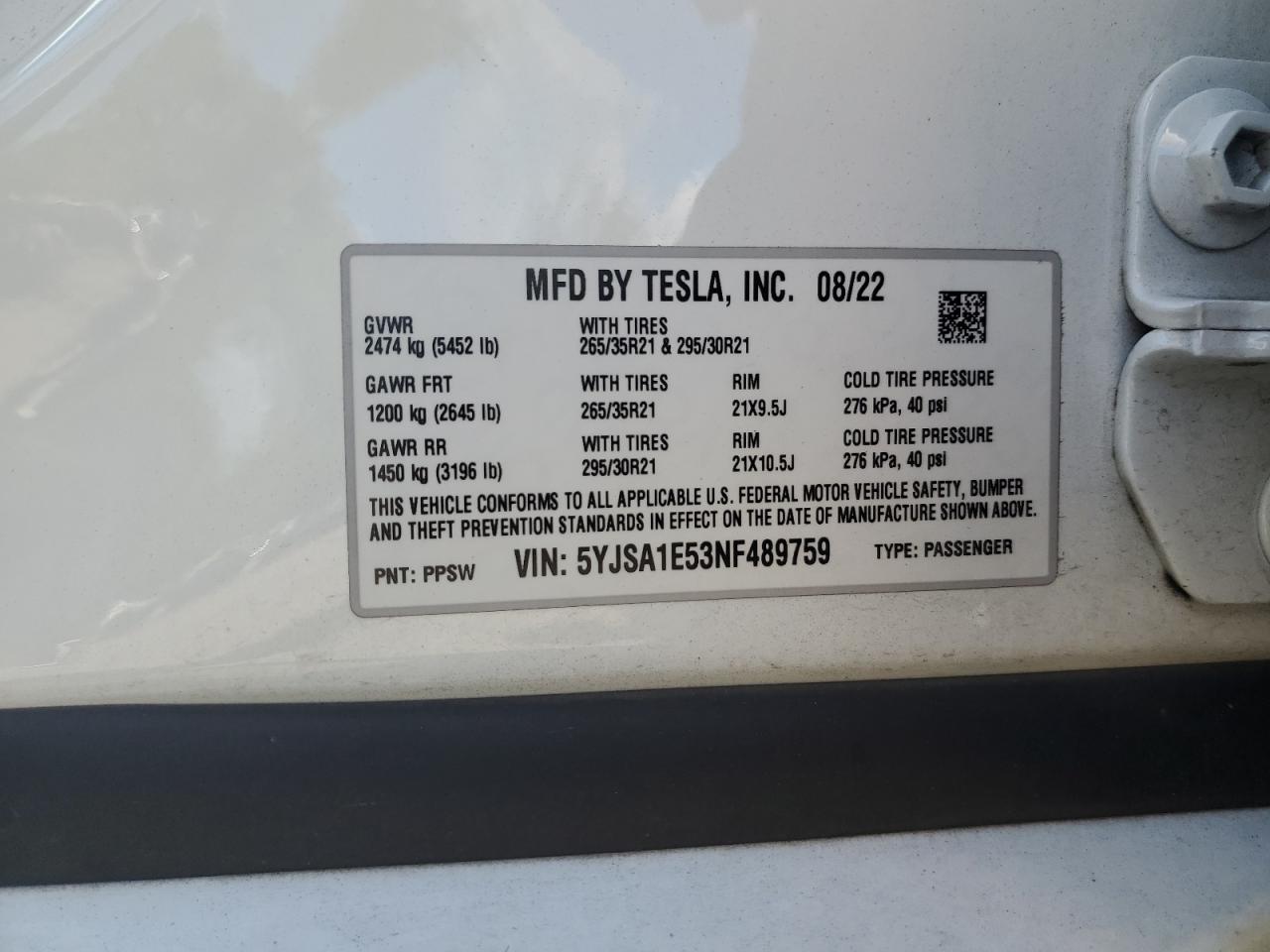 2022 Tesla Model S VIN: 5YJSA1E53NF489759 Lot: 70395474