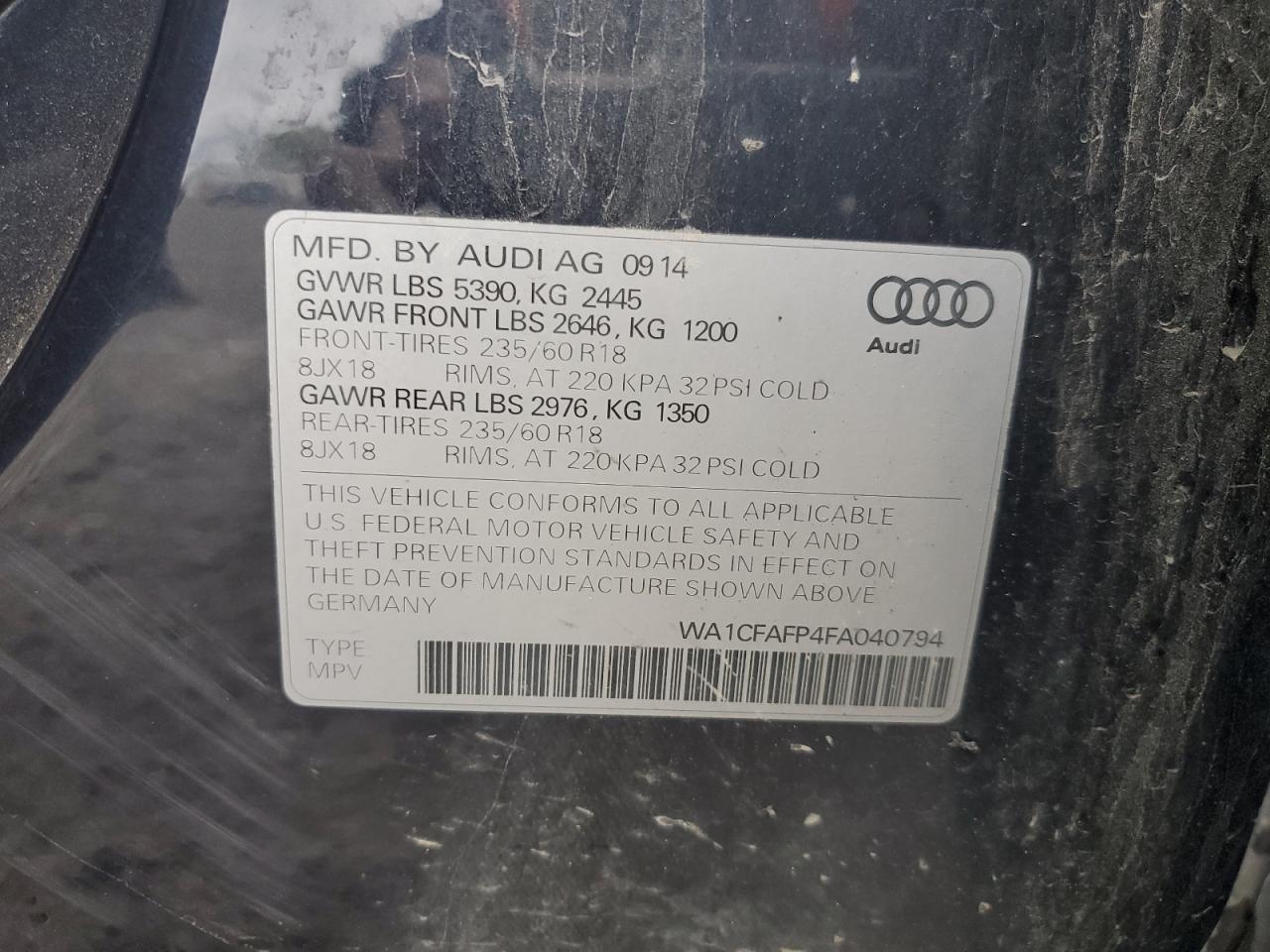 2015 Audi Q5 Premium VIN: WA1CFAFP4FA040794 Lot: 74997374