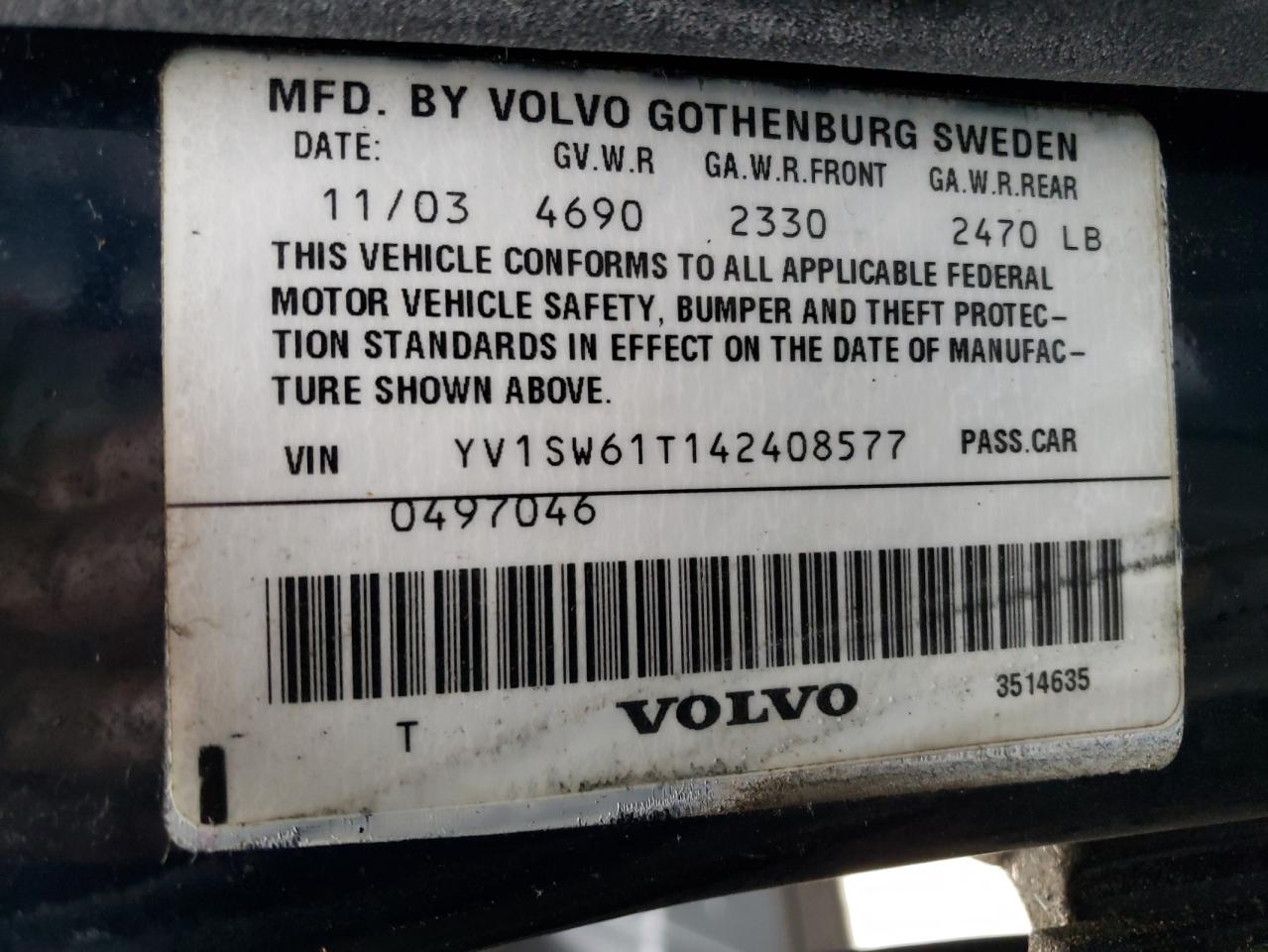 2004 Volvo V70 VIN: YV1SW61T142408577 Lot: 76028394