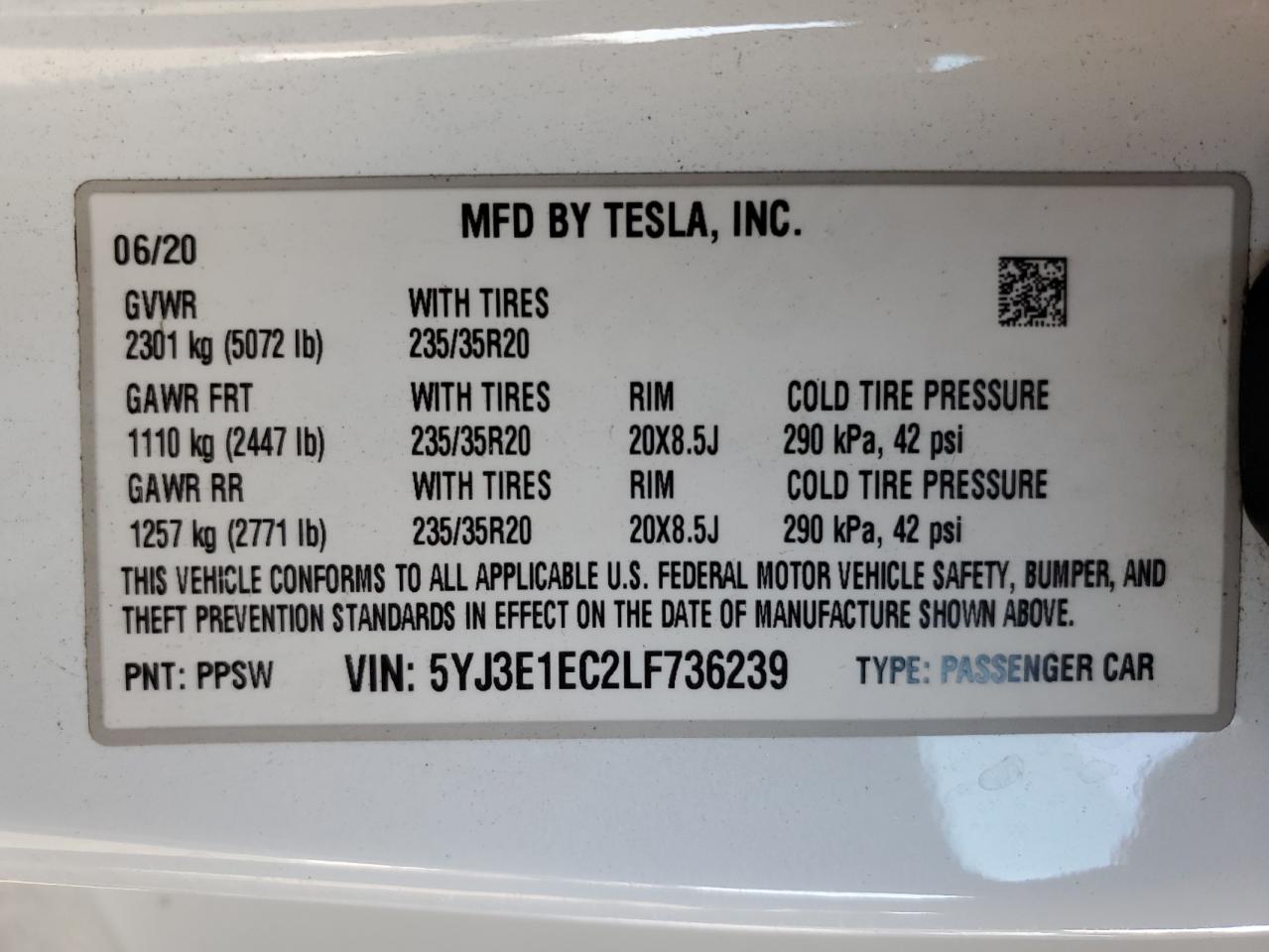 2020 Tesla Model 3 VIN: 5YJ3E1EC2LF736239 Lot: 74094384