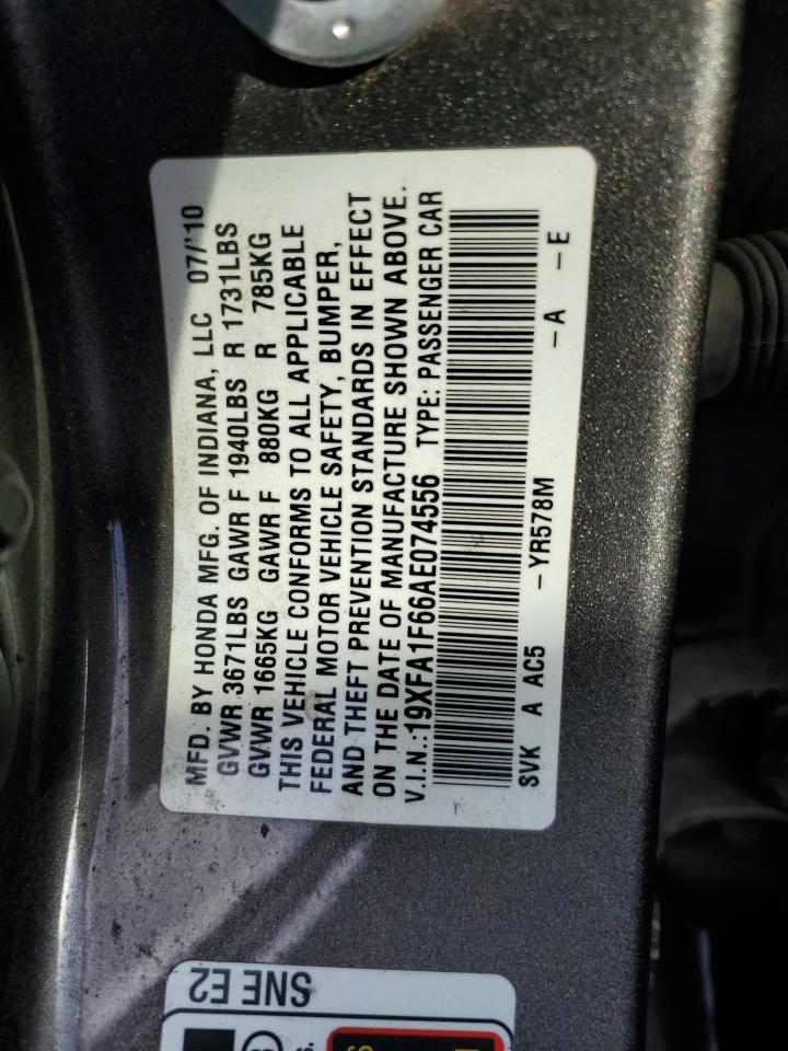 2010 Honda Civic Lx-S VIN: 19XFA1F66AE074556 Lot: 78417734