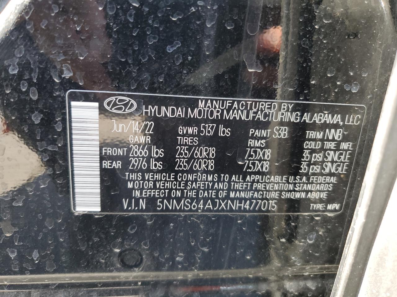 2022 Hyundai Santa Fe Sel VIN: 5NMS64AJXNH477015 Lot: 77479614