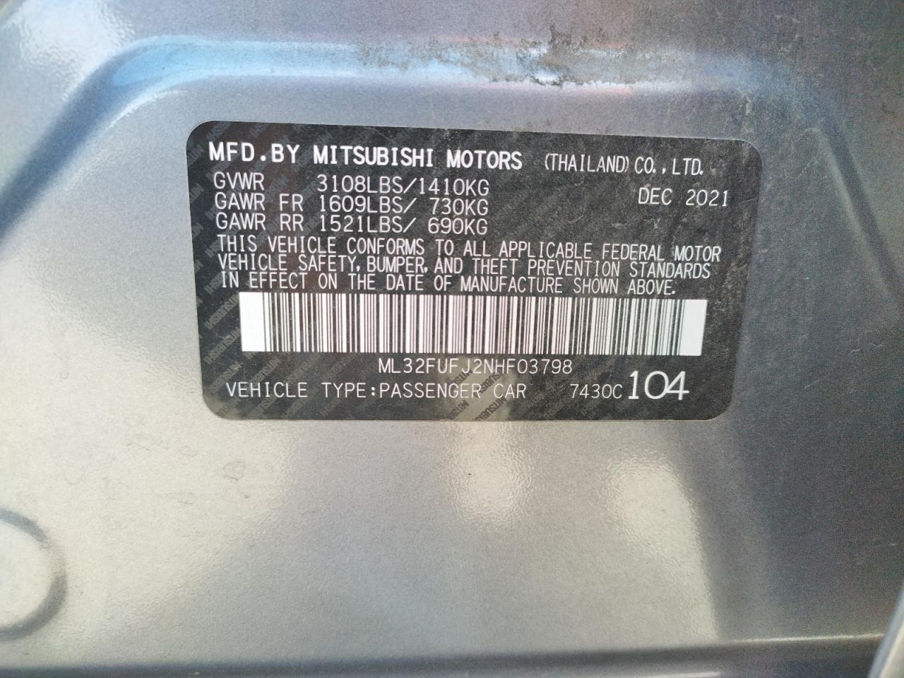 ML32FUFJ2NHF03798 2022 Mitsubishi Mirage G4 Es