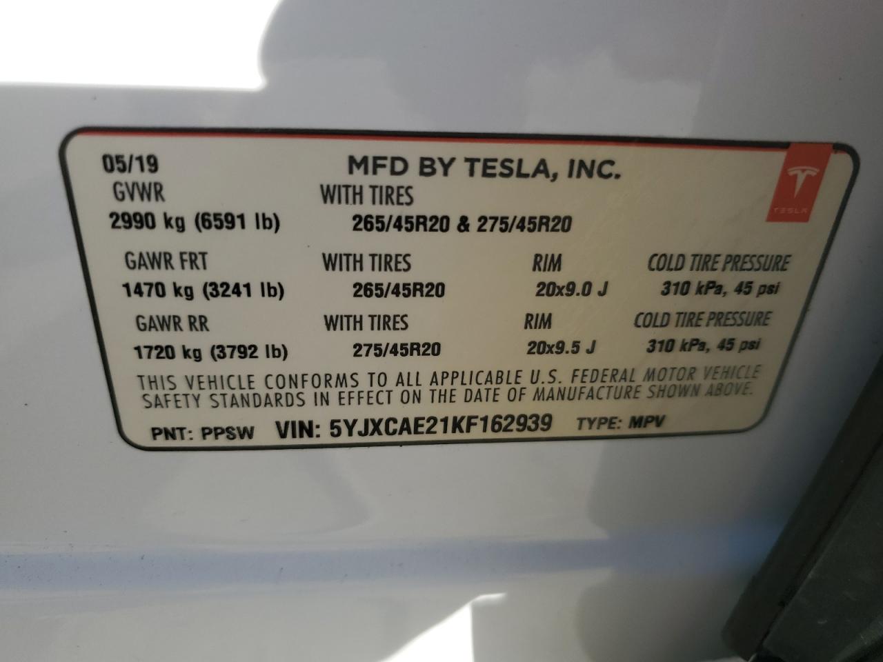 2019 Tesla Model X VIN: 5YJXCAE21KF162939 Lot: 81749384