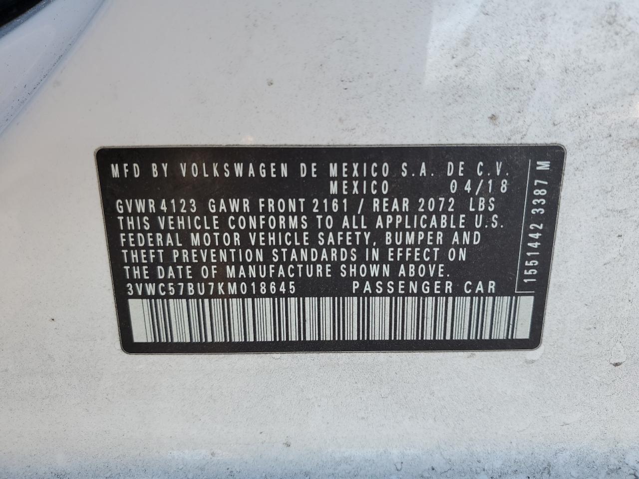 3VWC57BU7KM018645 2019 Volkswagen Jetta S