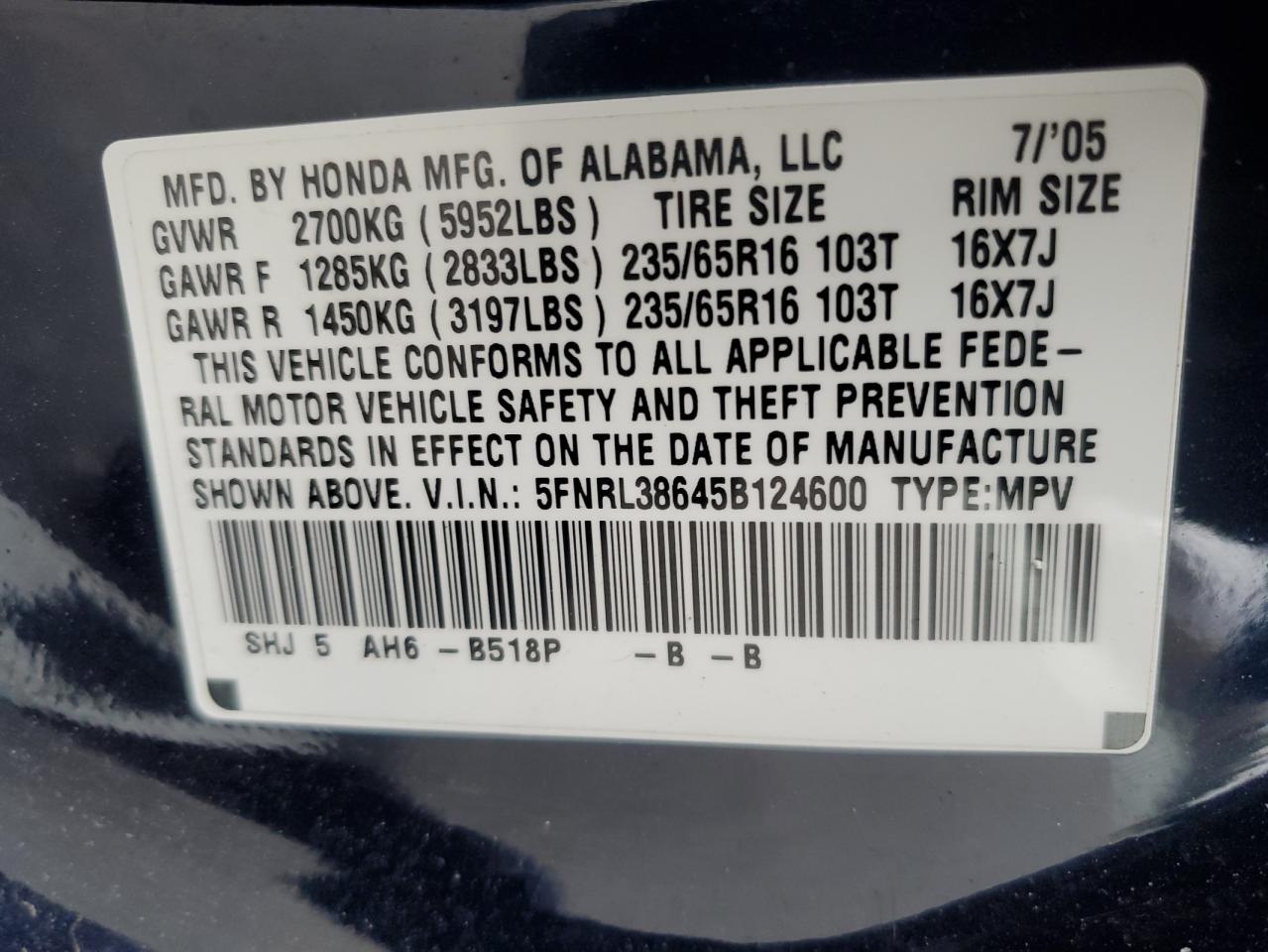 5FNRL38645B124600 2005 Honda Odyssey Exl