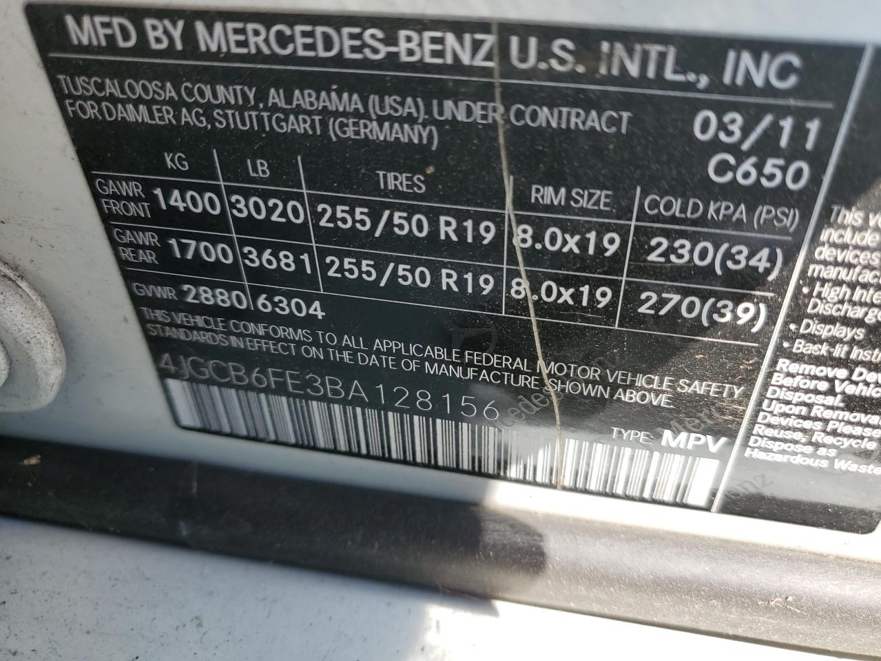 4JGCB6FE3BA128156 2011 Mercedes-Benz R 350 4Matic