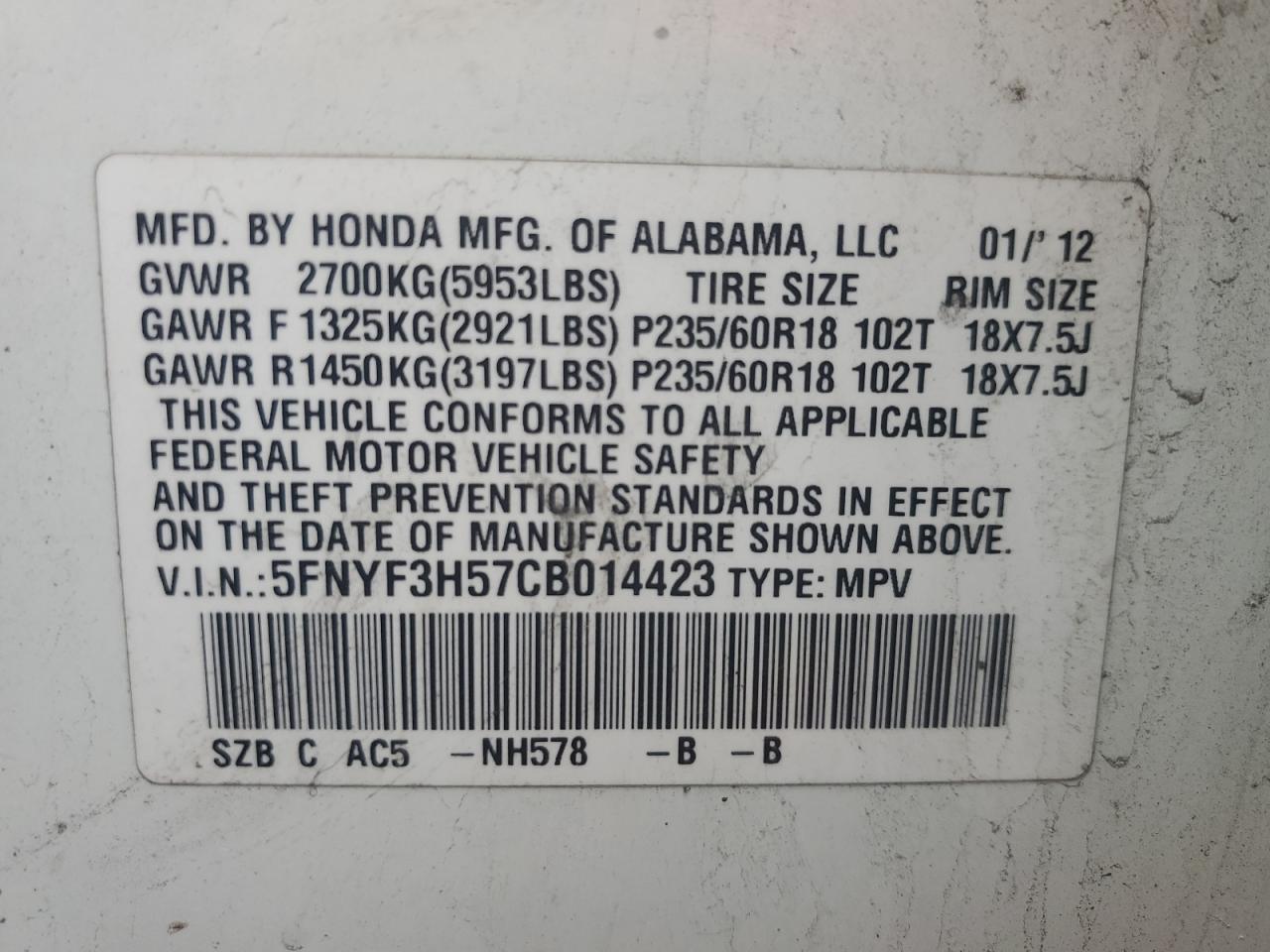 5FNYF3H57CB014423 2012 Honda Pilot Exl