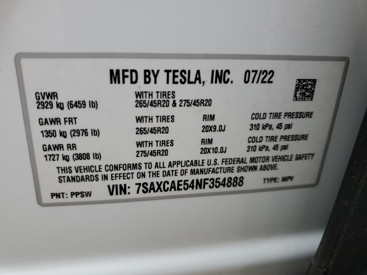 2022 Tesla Model X VIN: 7SAXCAE54NF354888 Lot: 85001064